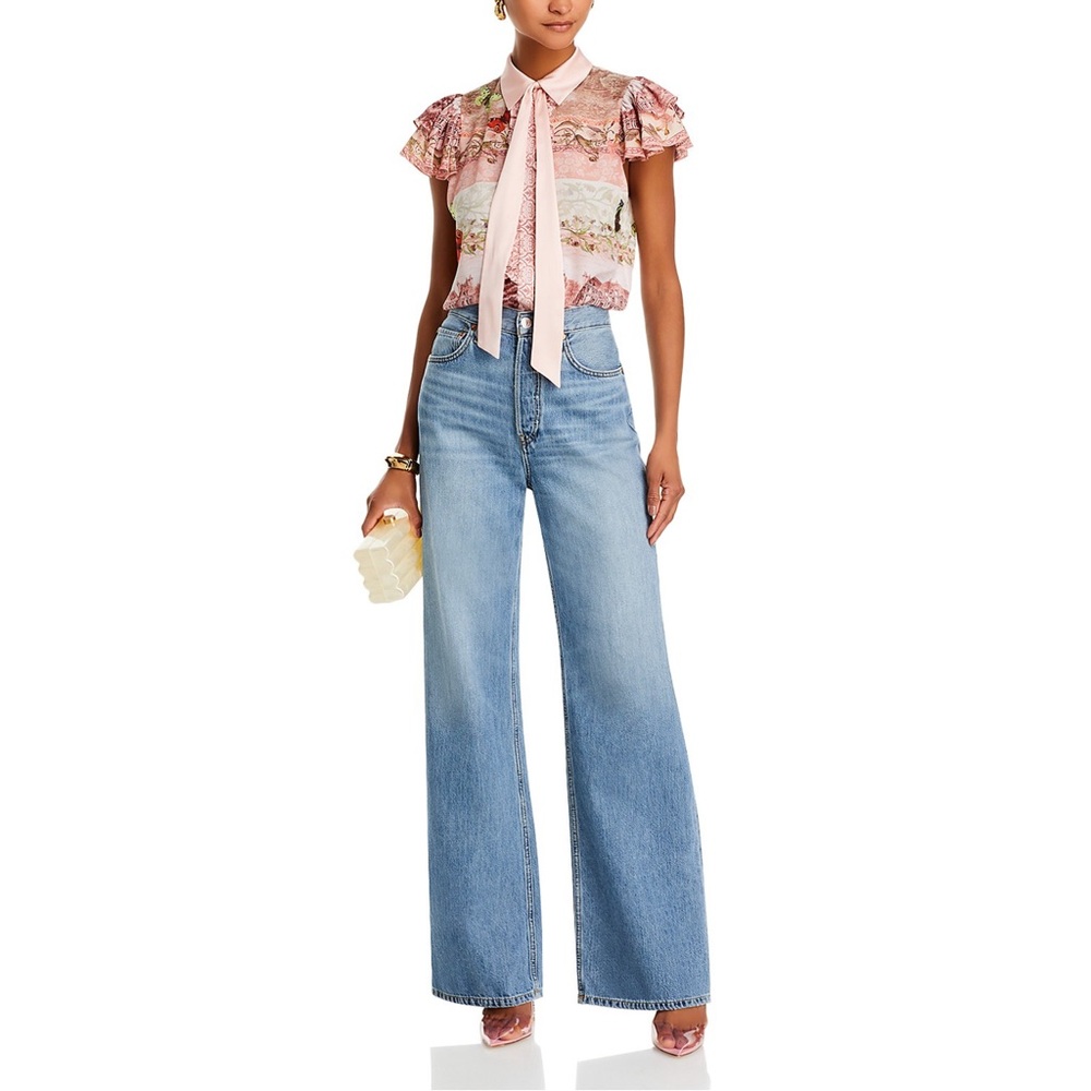 alice + olivia | Pink Versailles Minda Ruffle Tiered Short Sleeve Tie Top, M - Picture 3 of 16